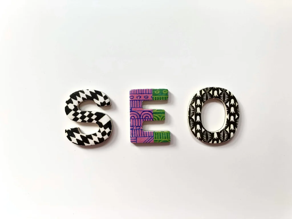 SEO text letters on a clean white background representing search engine optimization